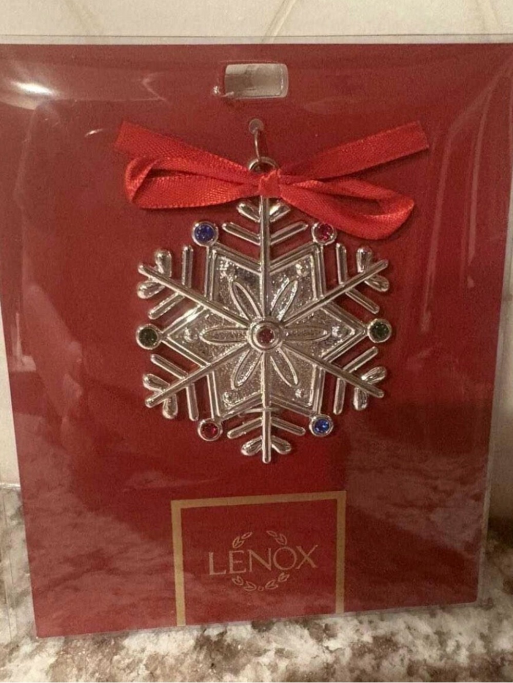 Lenox Silver Snowflake Ornament with Red Bow and Multicolor Gems